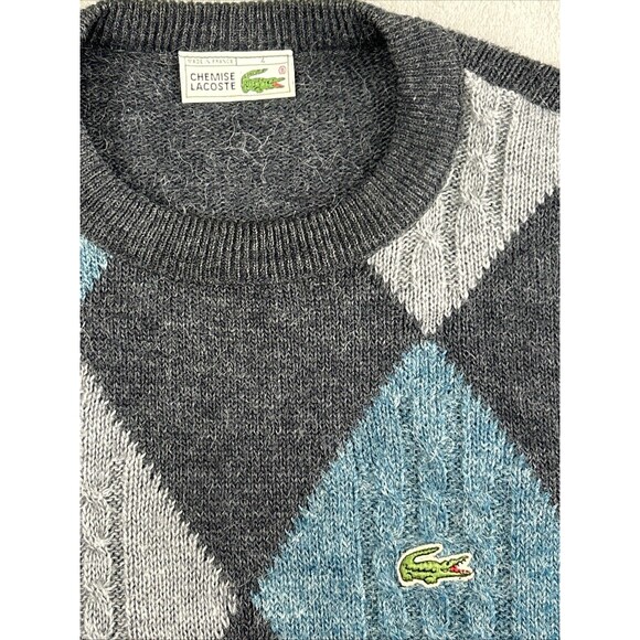 Chemise Lacoste Argyle Pullover Sweater Sz 4 Gray Blue Alpaca Blend Crewneck - Picture 2 of 6